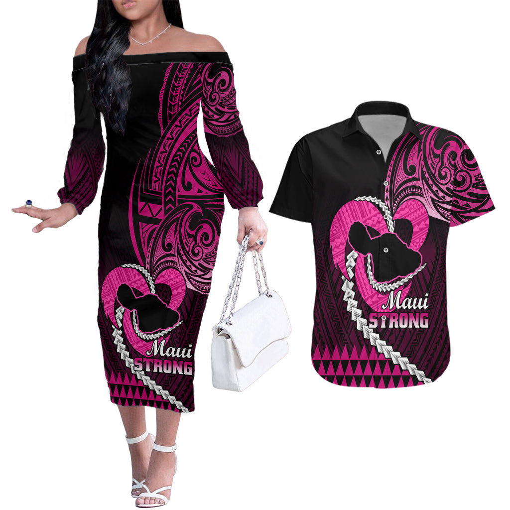 Personalised Hawaii Couples Matching Off The Shoulder Long Sleeve Dress and Hawaiian Shirt Maui Be Strong Kakau Pink Version - Wonder Print Shop