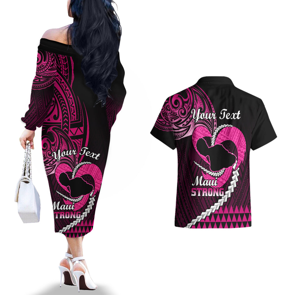 Personalised Hawaii Couples Matching Off The Shoulder Long Sleeve Dress and Hawaiian Shirt Maui Be Strong Kakau Pink Version - Wonder Print Shop