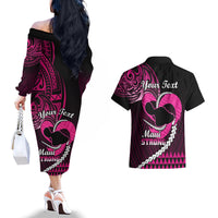 Personalised Hawaii Couples Matching Off The Shoulder Long Sleeve Dress and Hawaiian Shirt Maui Be Strong Kakau Pink Version - Wonder Print Shop