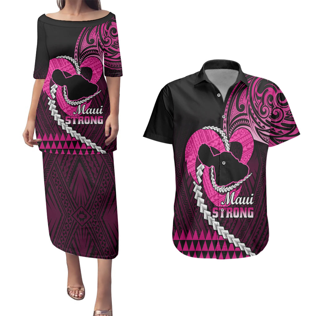 Personalised Hawaii Couples Matching Puletasi Dress and Hawaiian Shirt Maui Be Strong Kakau Pink Version - Wonder Print Shop