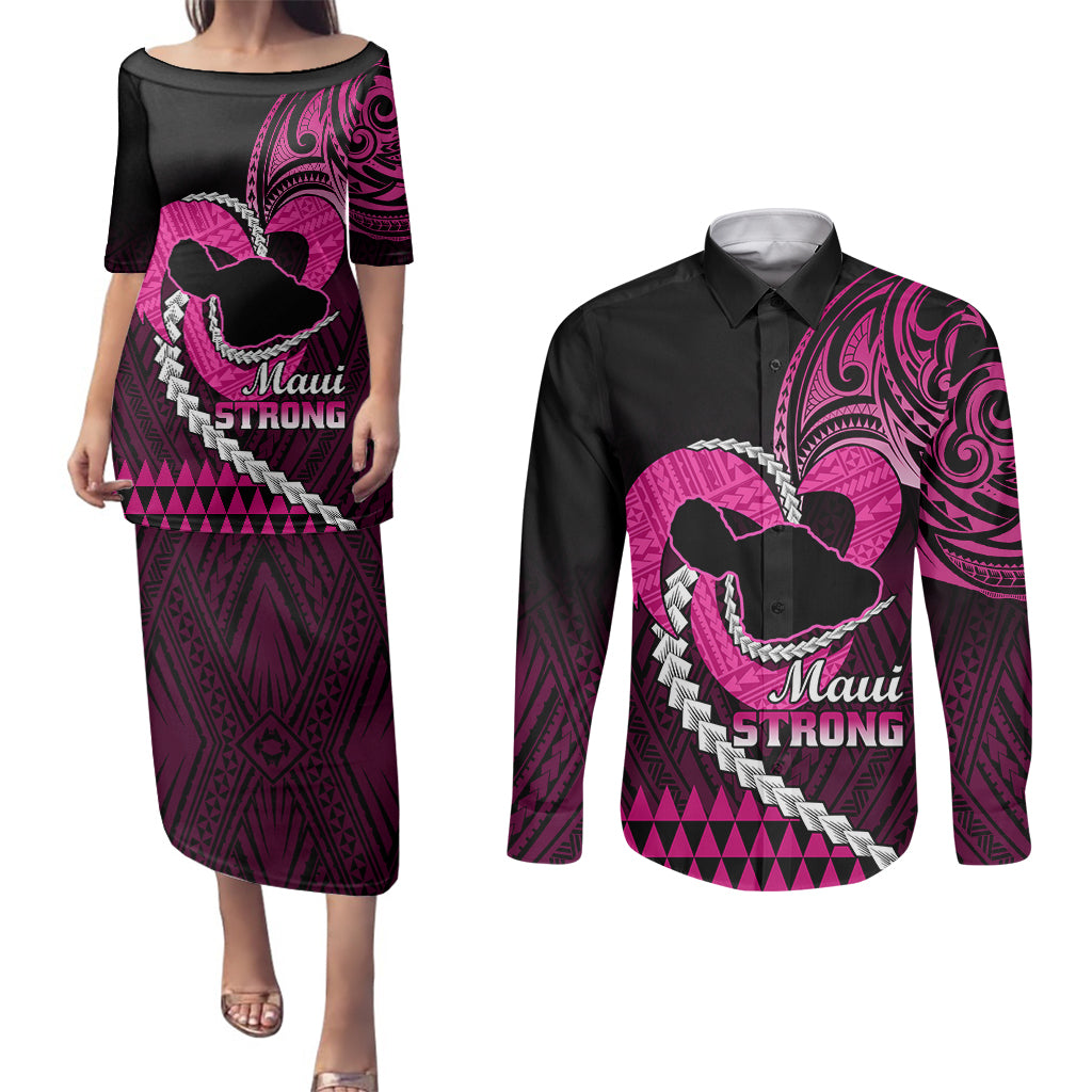 Personalised Hawaii Couples Matching Puletasi Dress and Long Sleeve Button Shirts Maui Be Strong Kakau Pink Version - Wonder Print Shop