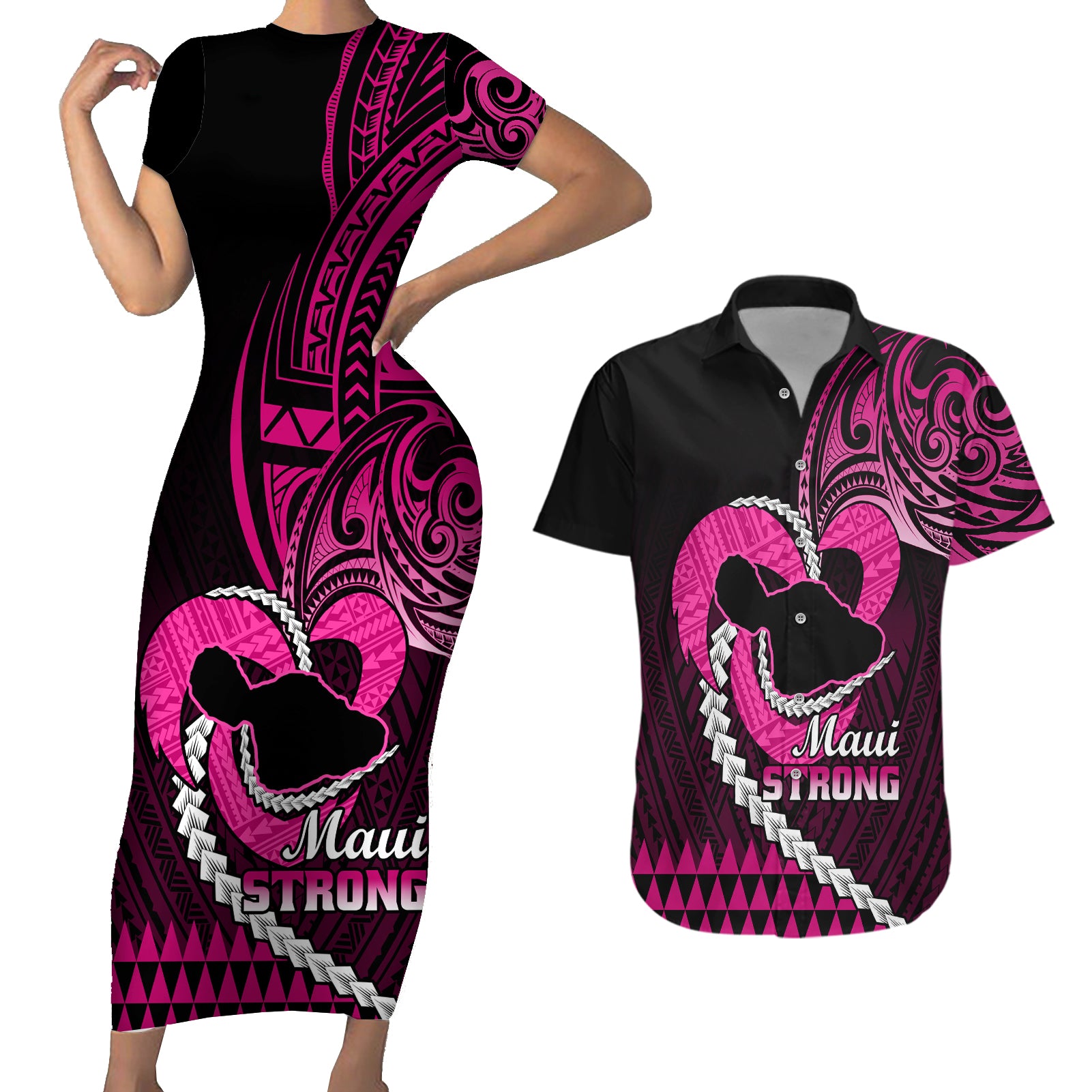 Personalised Hawaii Couples Matching Short Sleeve Bodycon Dress and Hawaiian Shirt Maui Be Strong Kakau Pink Version - Wonder Print Shop
