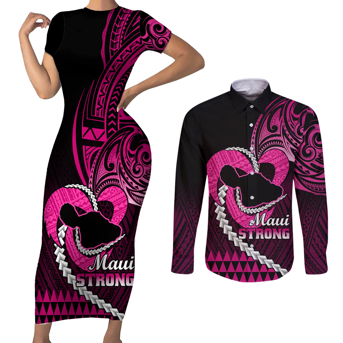 Personalised Hawaii Couples Matching Short Sleeve Bodycon Dress and Long Sleeve Button Shirts Maui Be Strong Kakau Pink Version - Wonder Print Shop