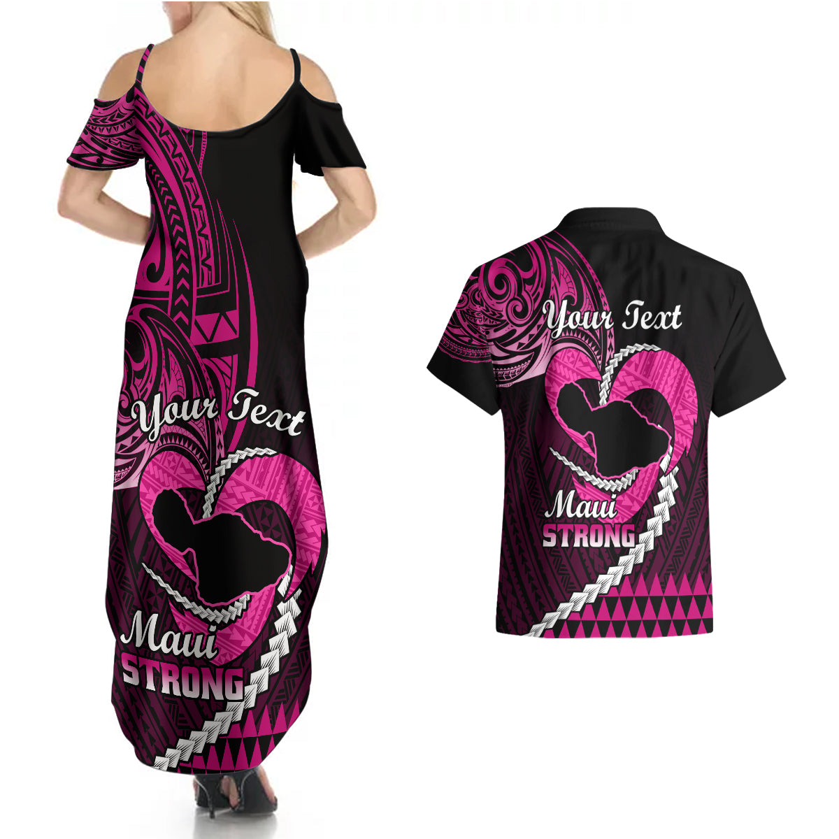 Personalised Hawaii Couples Matching Summer Maxi Dress and Hawaiian Shirt Maui Be Strong Kakau Pink Version - Wonder Print Shop