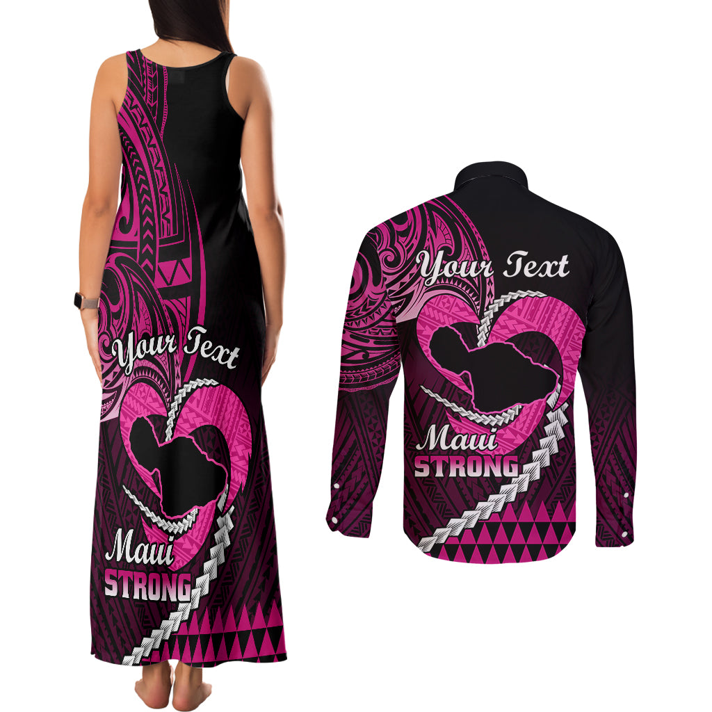 Personalised Hawaii Couples Matching Tank Maxi Dress and Long Sleeve Button Shirts Maui Be Strong Kakau Pink Version - Wonder Print Shop
