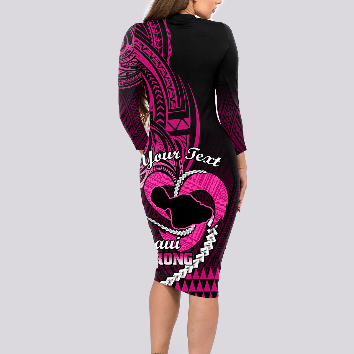 Personalised Hawaii Long Sleeve Bodycon Dress Maui Be Strong Kakau Pink Version - Wonder Print Shop