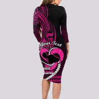 Personalised Hawaii Long Sleeve Bodycon Dress Maui Be Strong Kakau Pink Version - Wonder Print Shop