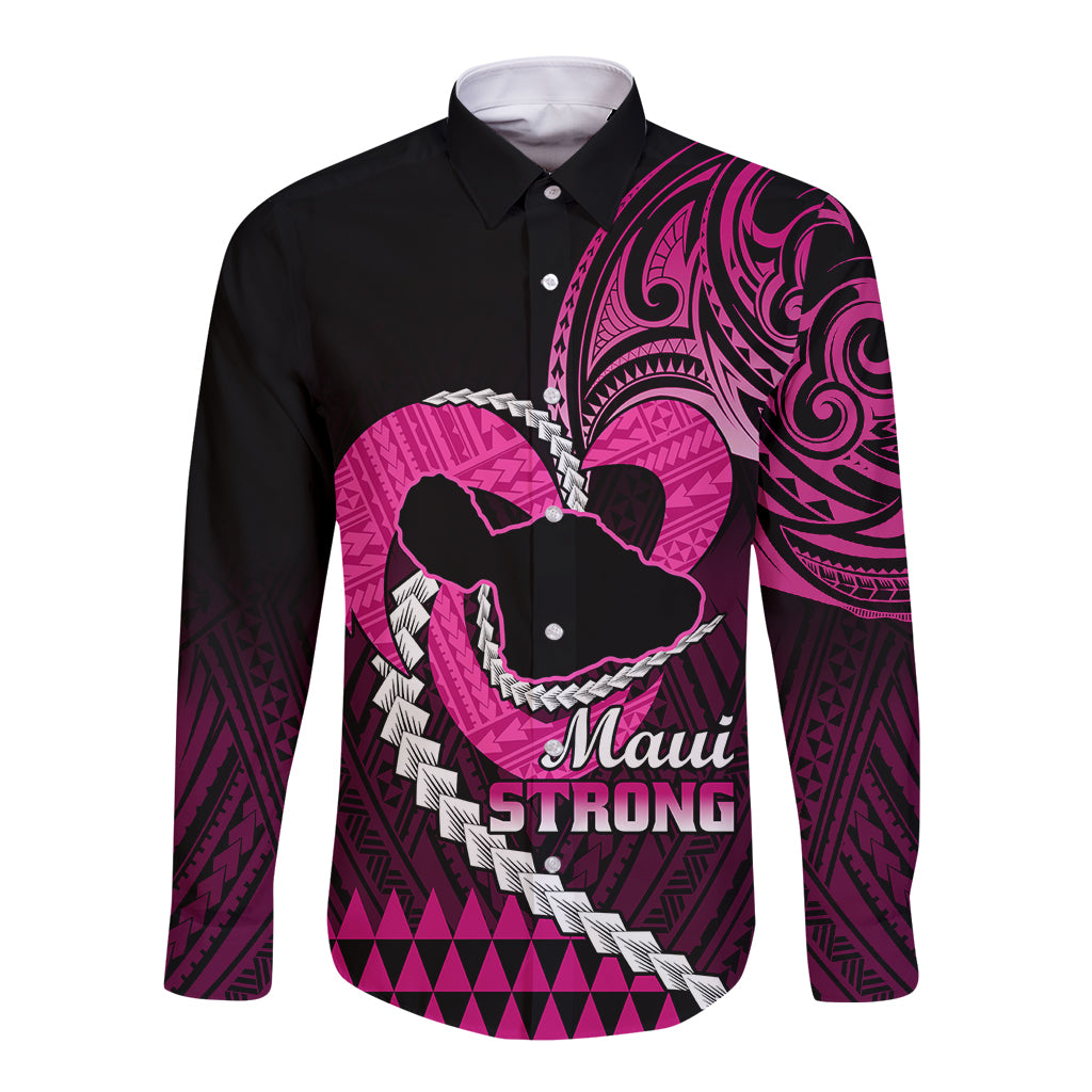 Personalised Hawaii Long Sleeve Button Shirt Maui Be Strong Kakau Pink Version - Wonder Print Shop