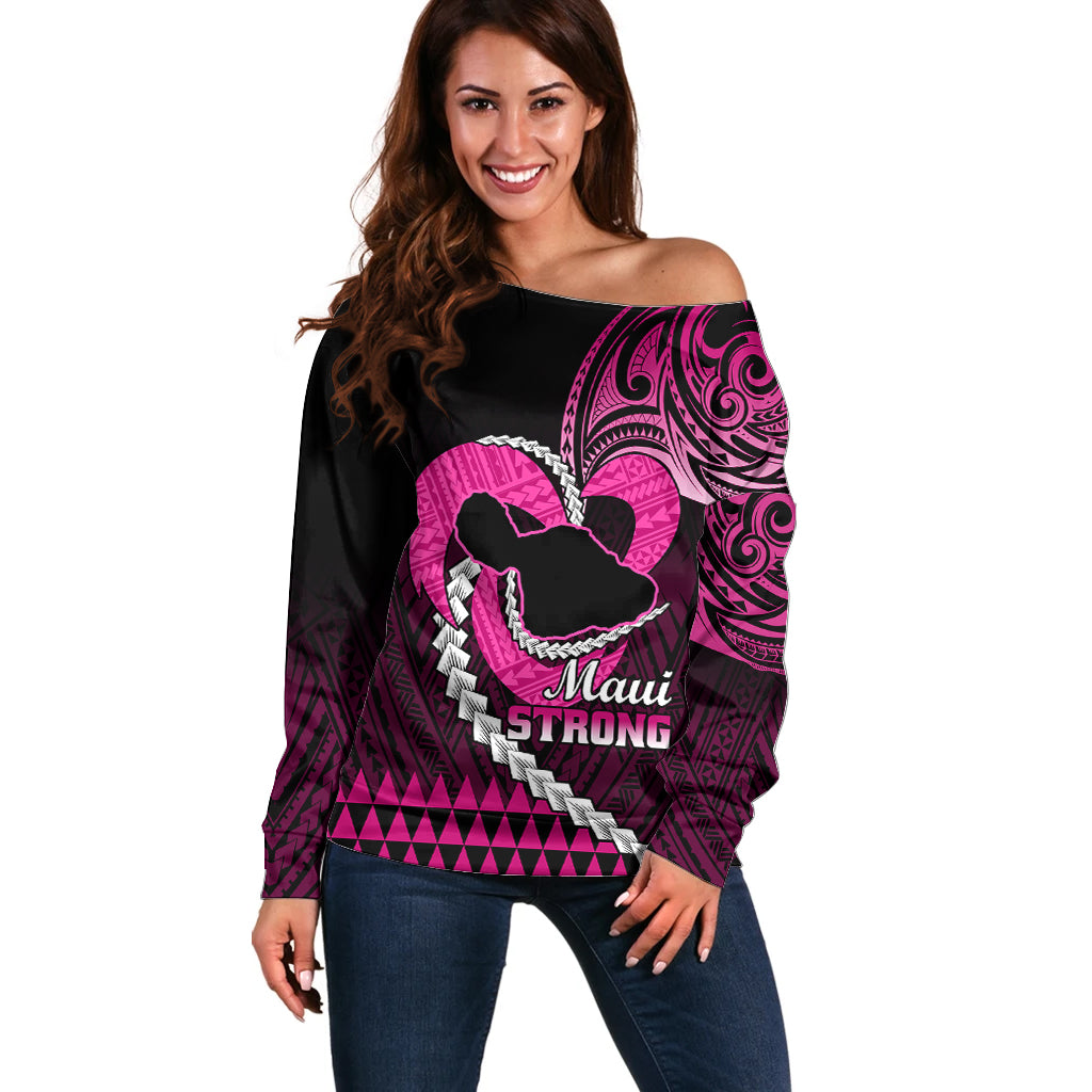 Personalised Hawaii Off Shoulder Sweater Maui Be Strong Kakau Pink Version - Wonder Print Shop