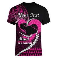 Personalised Hawaii Women V Neck T Shirt Maui Be Strong Kakau Pink Version - Wonder Print Shop
