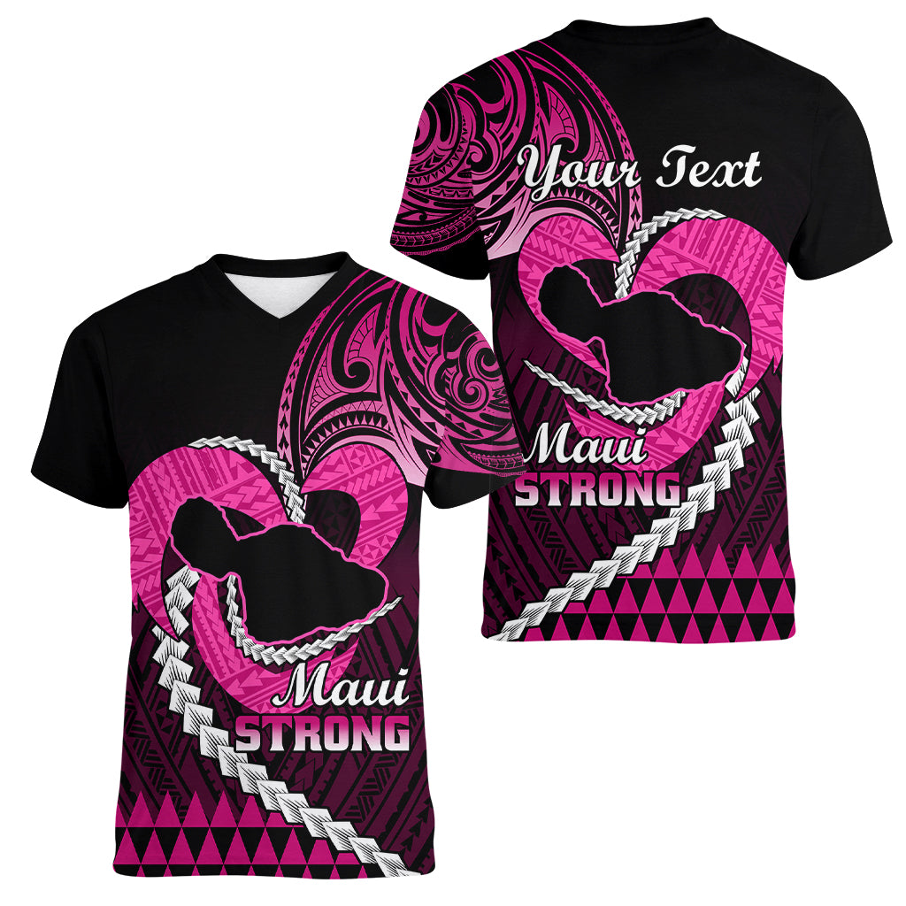 Personalised Hawaii Women V Neck T Shirt Maui Be Strong Kakau Pink Version - Wonder Print Shop