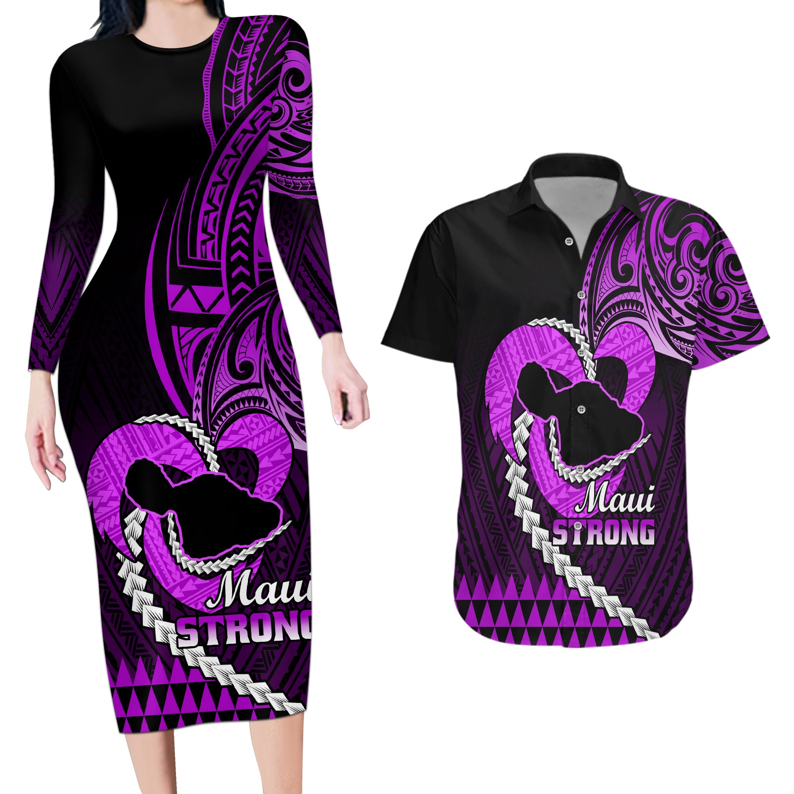 Personalised Hawaii Couples Matching Long Sleeve Bodycon Dress and Hawaiian Shirt Maui Be Strong Kakau Purple Version - Wonder Print Shop