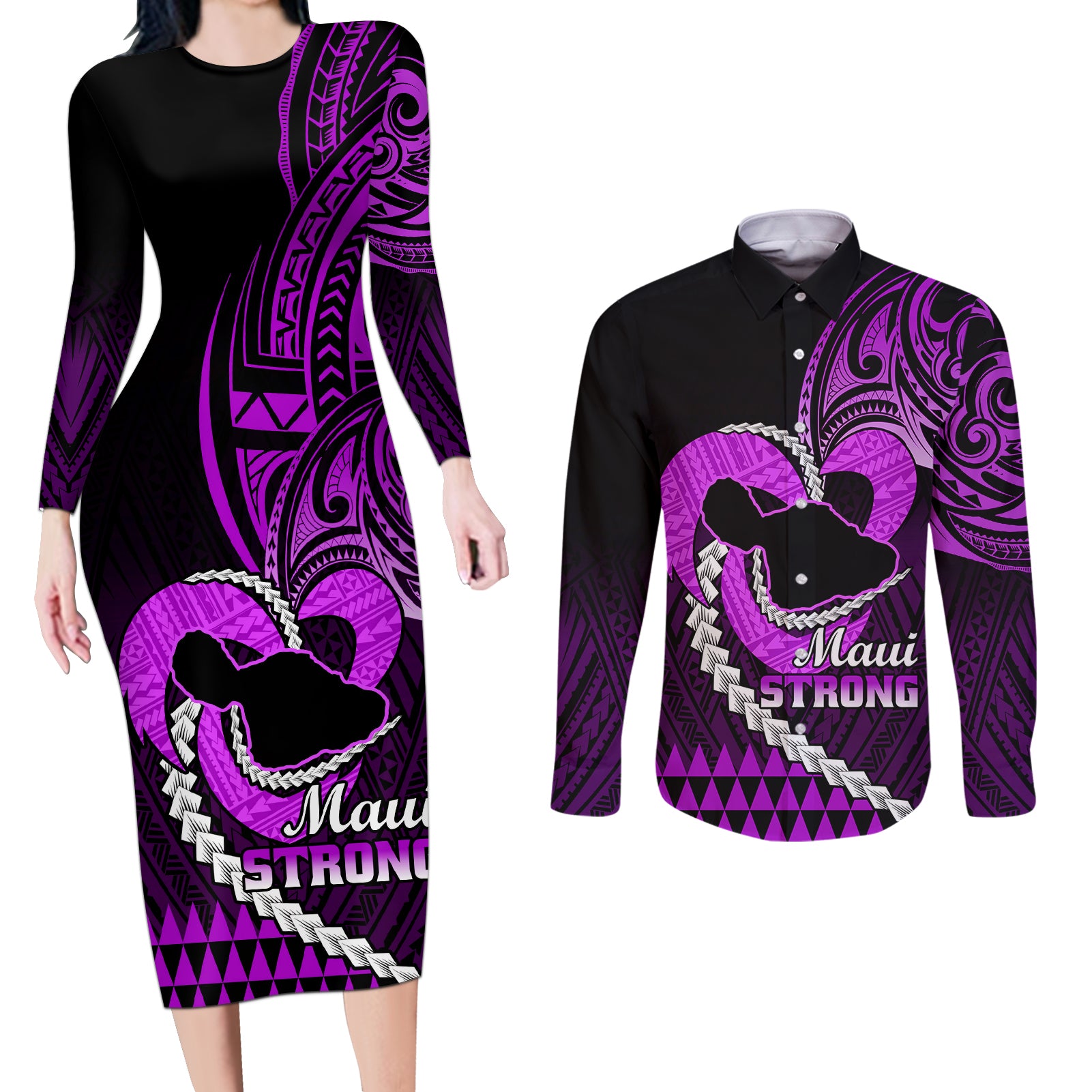 Personalised Hawaii Couples Matching Long Sleeve Bodycon Dress and Long Sleeve Button Shirts Maui Be Strong Kakau Purple Version - Wonder Print Shop