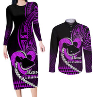 Personalised Hawaii Couples Matching Long Sleeve Bodycon Dress and Long Sleeve Button Shirts Maui Be Strong Kakau Purple Version - Wonder Print Shop