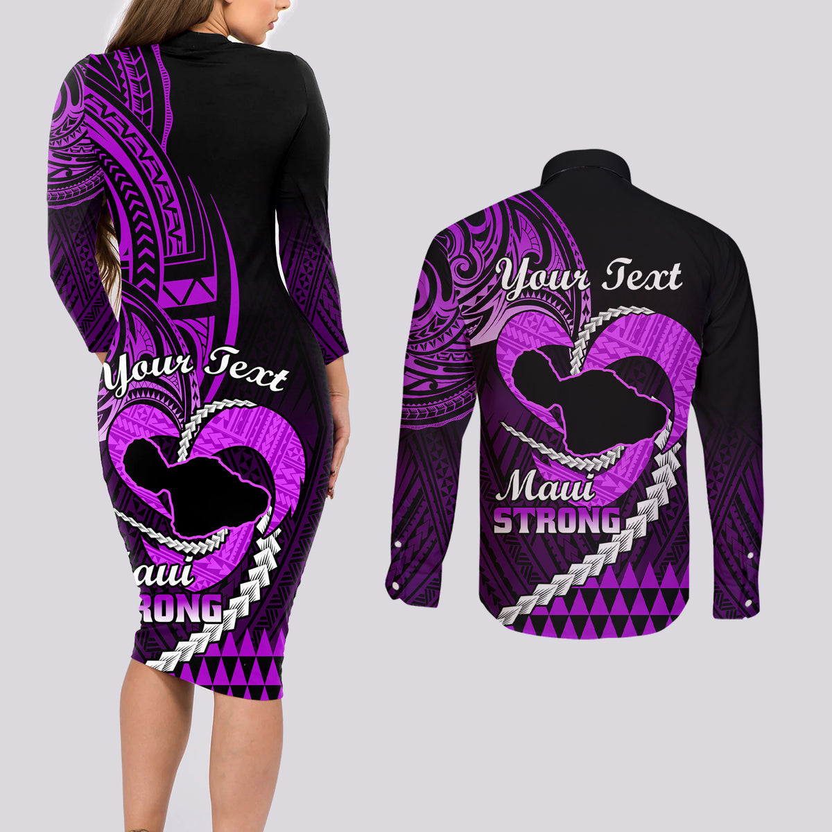 Personalised Hawaii Couples Matching Long Sleeve Bodycon Dress and Long Sleeve Button Shirts Maui Be Strong Kakau Purple Version - Wonder Print Shop