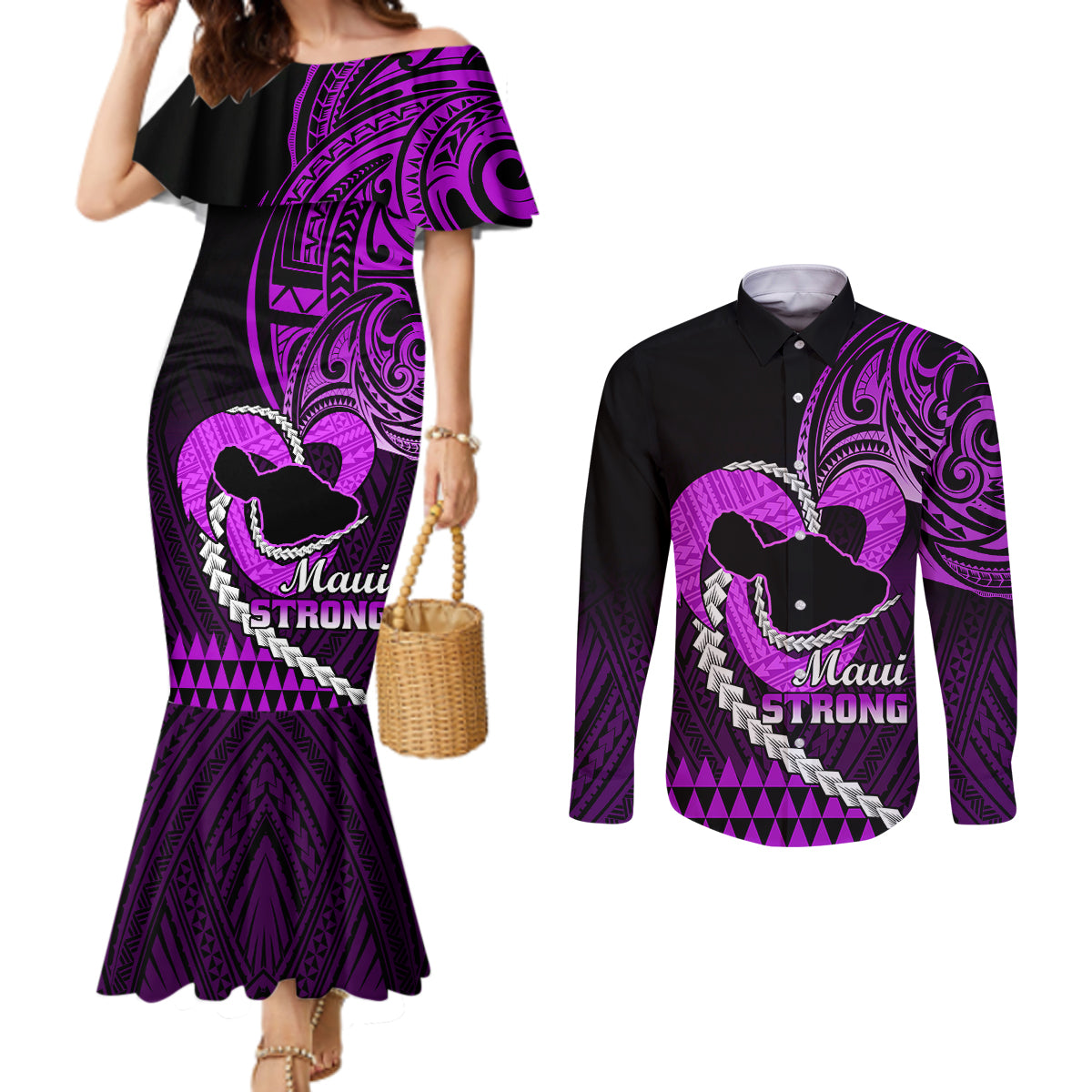 personalised-hawaii-couples-matching-mermaid-dress-and-long-sleeve-button-shirts-maui-be-strong-kakau-purple-version