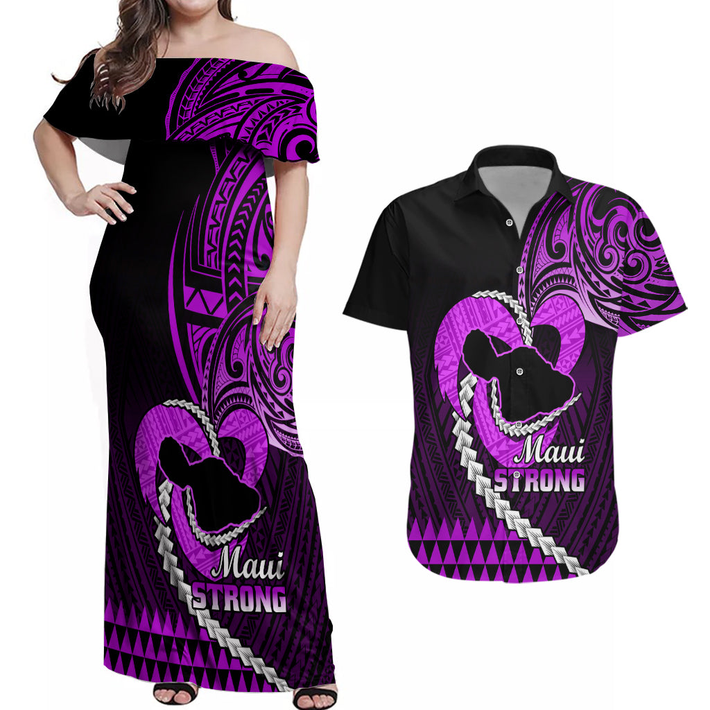 Personalised Hawaii Couples Matching Off Shoulder Maxi Dress and Hawaiian Shirt Maui Be Strong Kakau Purple Version - Wonder Print Shop