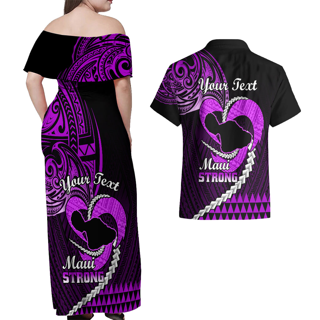Personalised Hawaii Couples Matching Off Shoulder Maxi Dress and Hawaiian Shirt Maui Be Strong Kakau Purple Version - Wonder Print Shop
