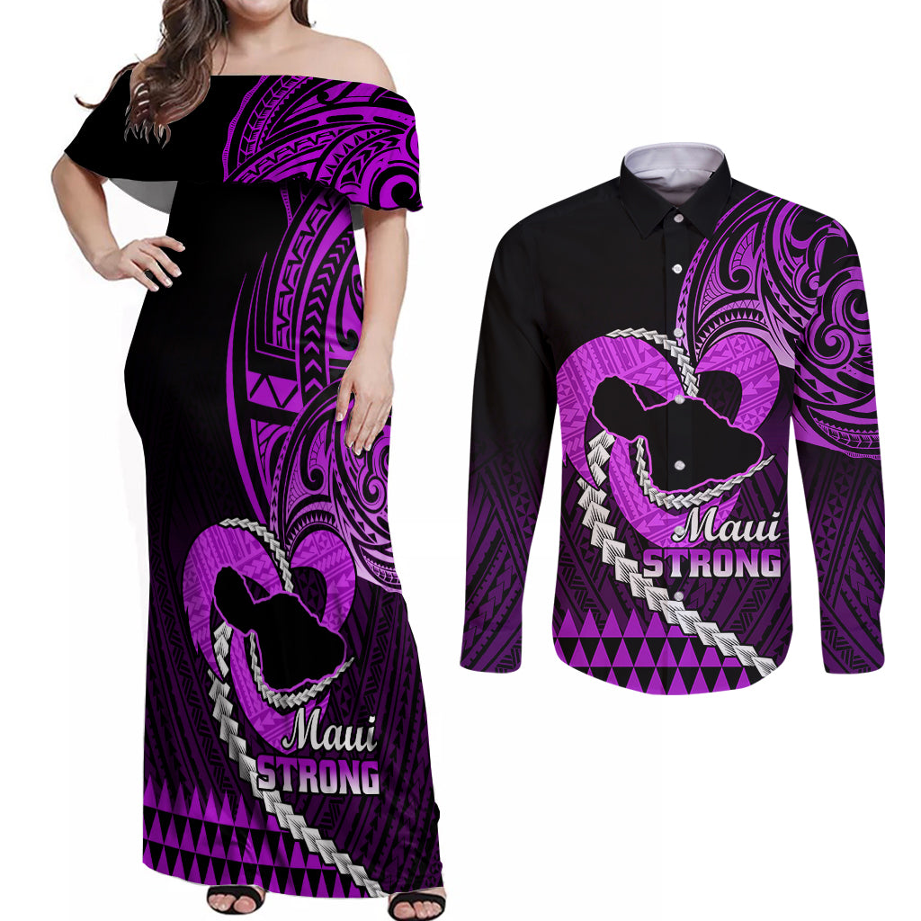 Personalised Hawaii Couples Matching Off Shoulder Maxi Dress and Long Sleeve Button Shirts Maui Be Strong Kakau Purple Version - Wonder Print Shop
