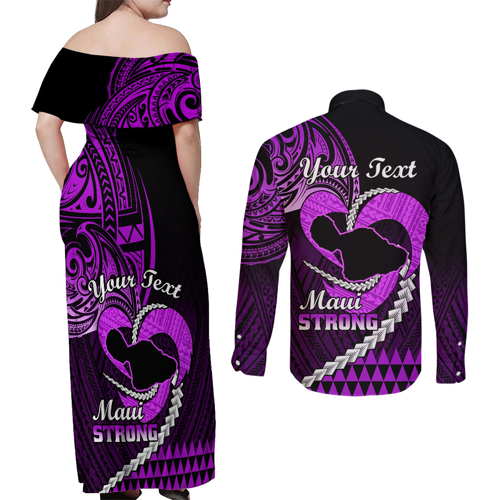 Personalised Hawaii Couples Matching Off Shoulder Maxi Dress and Long Sleeve Button Shirts Maui Be Strong Kakau Purple Version - Wonder Print Shop
