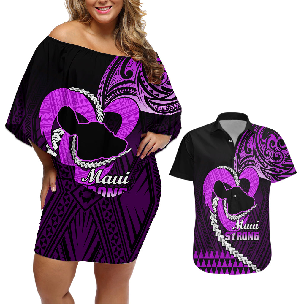 Personalised Hawaii Couples Matching Off Shoulder Short Dress and Hawaiian Shirt Maui Be Strong Kakau Purple Version - Wonder Print Shop