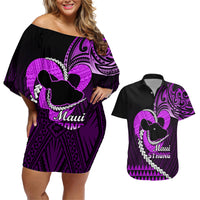Personalised Hawaii Couples Matching Off Shoulder Short Dress and Hawaiian Shirt Maui Be Strong Kakau Purple Version - Wonder Print Shop