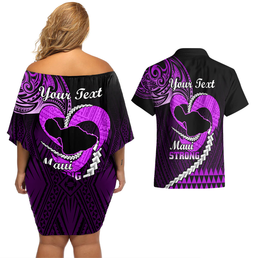 Personalised Hawaii Couples Matching Off Shoulder Short Dress and Hawaiian Shirt Maui Be Strong Kakau Purple Version - Wonder Print Shop