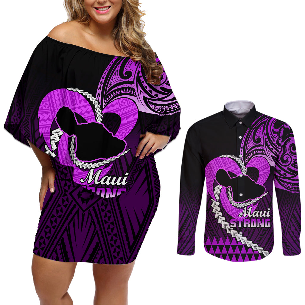 Personalised Hawaii Couples Matching Off Shoulder Short Dress and Long Sleeve Button Shirts Maui Be Strong Kakau Purple Version - Wonder Print Shop