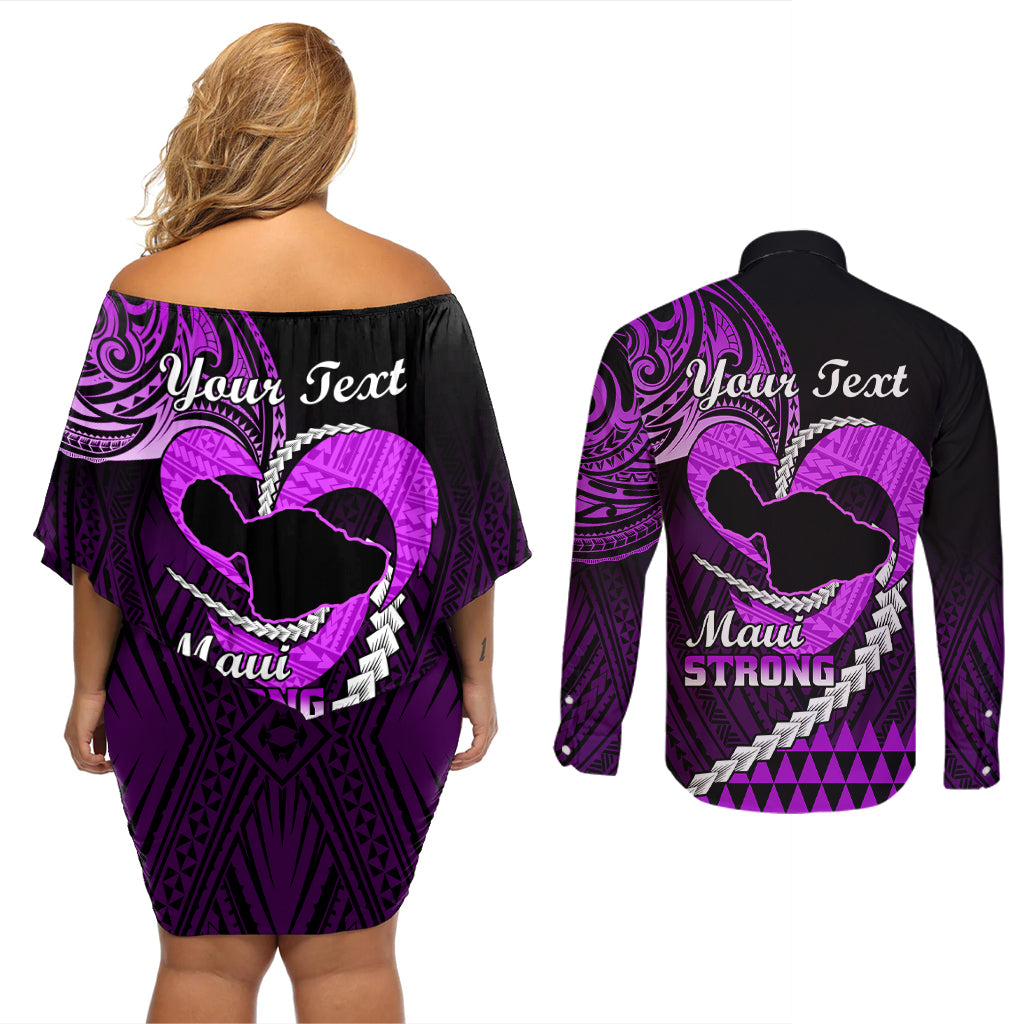 Personalised Hawaii Couples Matching Off Shoulder Short Dress and Long Sleeve Button Shirts Maui Be Strong Kakau Purple Version - Wonder Print Shop
