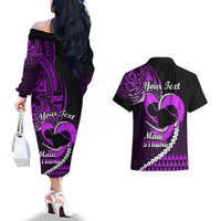 Personalised Hawaii Couples Matching Off The Shoulder Long Sleeve Dress and Hawaiian Shirt Maui Be Strong Kakau Purple Version - Wonder Print Shop