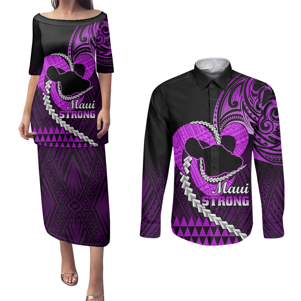 Personalised Hawaii Couples Matching Puletasi Dress and Long Sleeve Button Shirts Maui Be Strong Kakau Purple Version - Wonder Print Shop