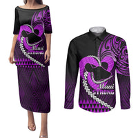Personalised Hawaii Couples Matching Puletasi Dress and Long Sleeve Button Shirts Maui Be Strong Kakau Purple Version - Wonder Print Shop