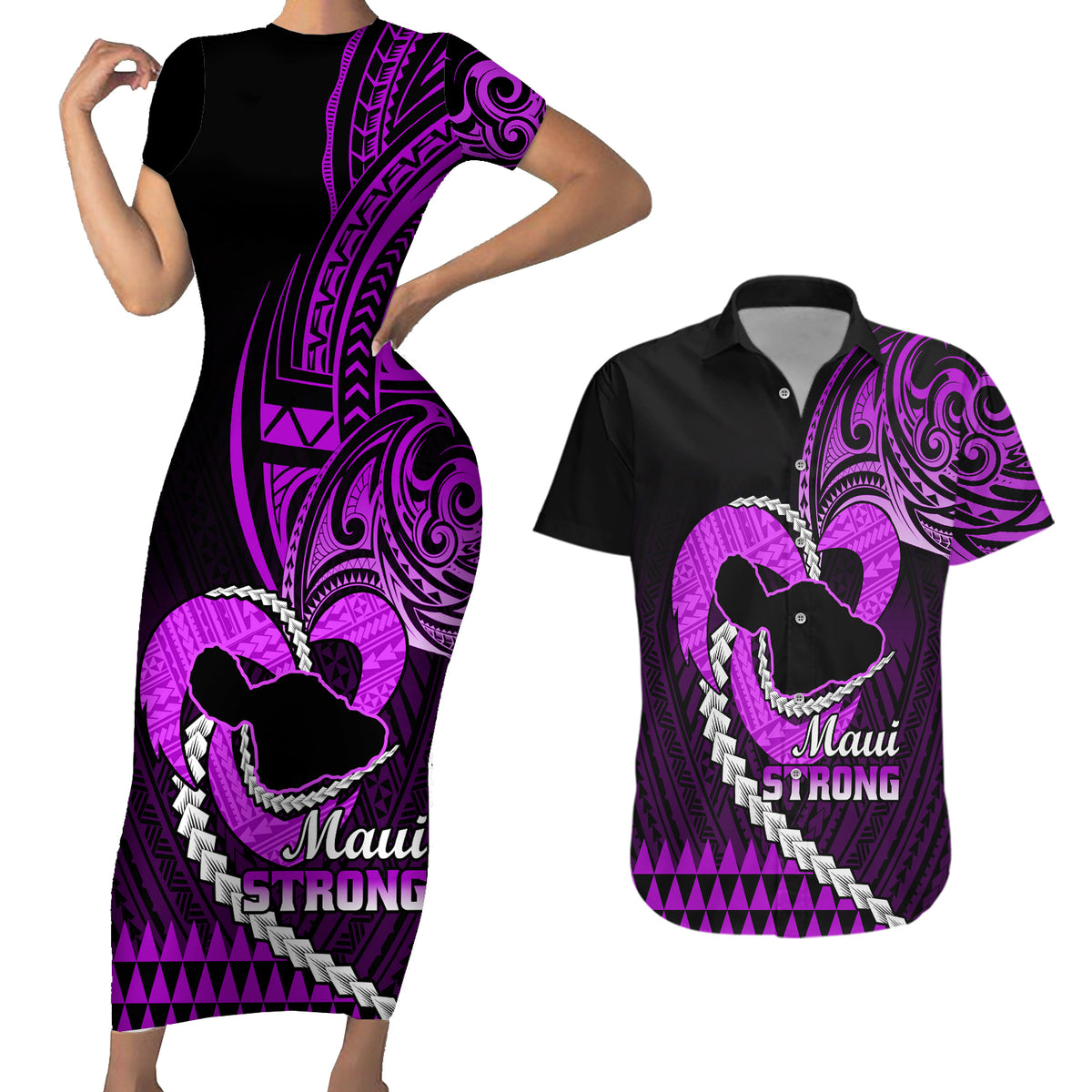 Personalised Hawaii Couples Matching Short Sleeve Bodycon Dress and Hawaiian Shirt Maui Be Strong Kakau Purple Version - Wonder Print Shop