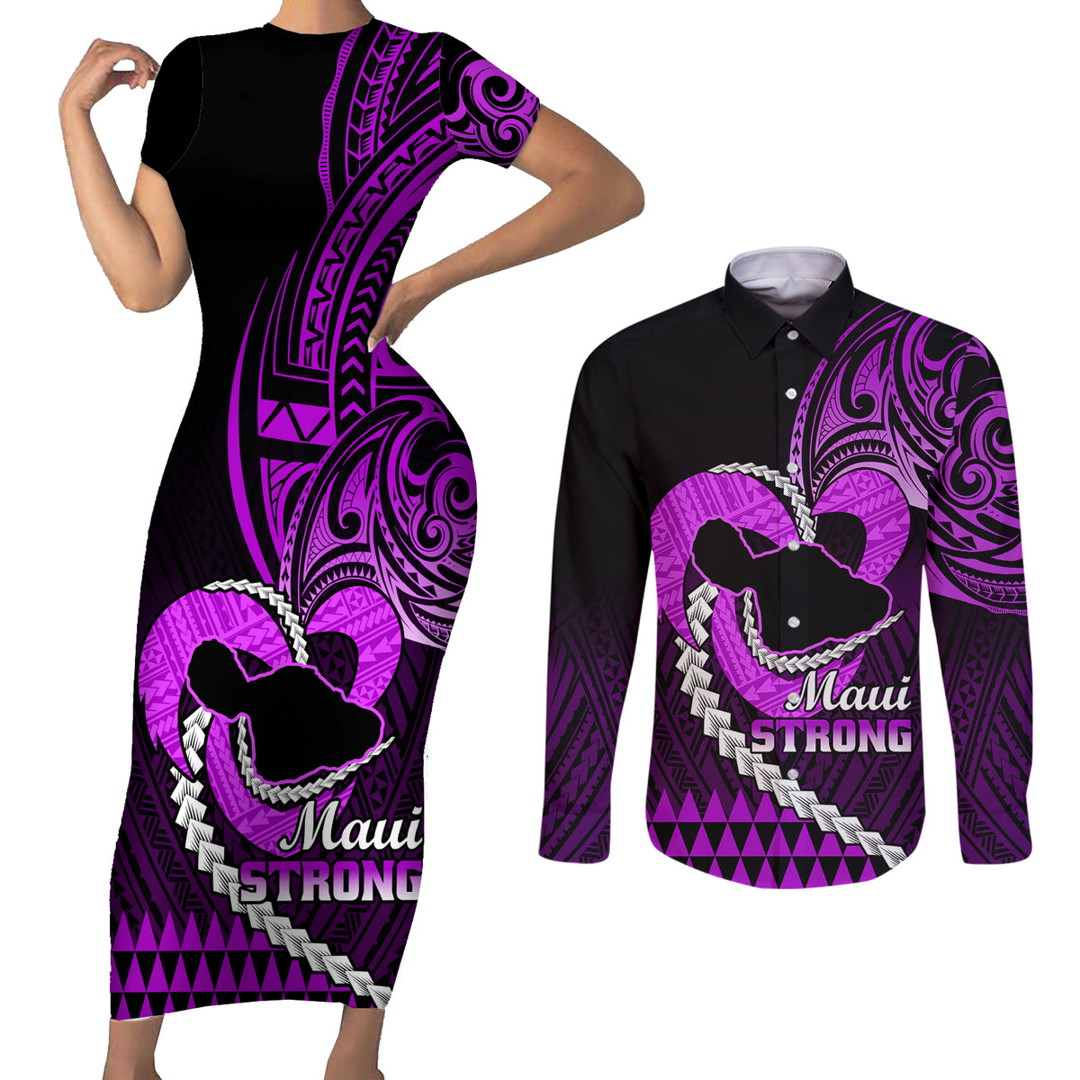 Personalised Hawaii Couples Matching Short Sleeve Bodycon Dress and Long Sleeve Button Shirts Maui Be Strong Kakau Purple Version - Wonder Print Shop