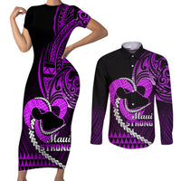 Personalised Hawaii Couples Matching Short Sleeve Bodycon Dress and Long Sleeve Button Shirts Maui Be Strong Kakau Purple Version - Wonder Print Shop