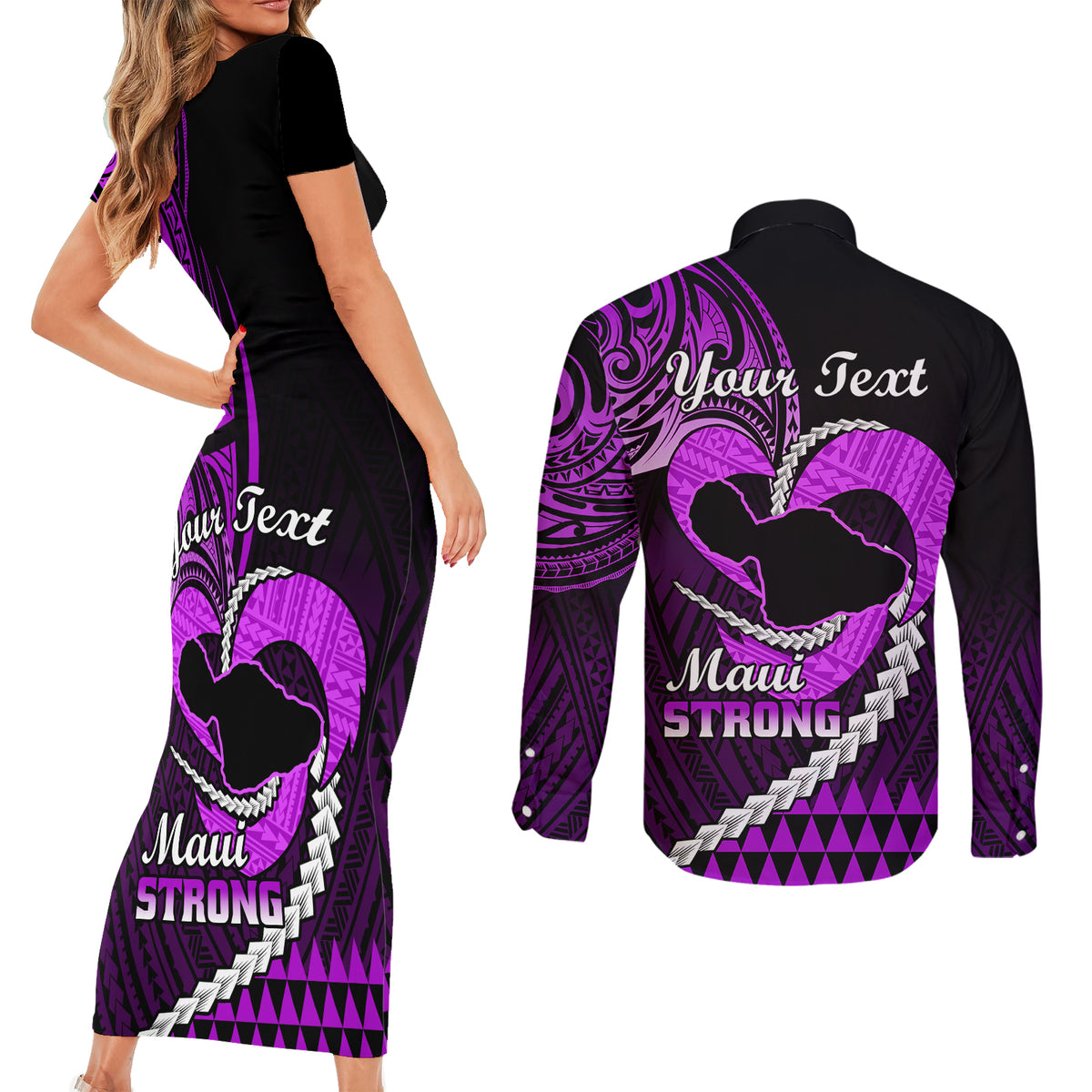 Personalised Hawaii Couples Matching Short Sleeve Bodycon Dress and Long Sleeve Button Shirts Maui Be Strong Kakau Purple Version - Wonder Print Shop
