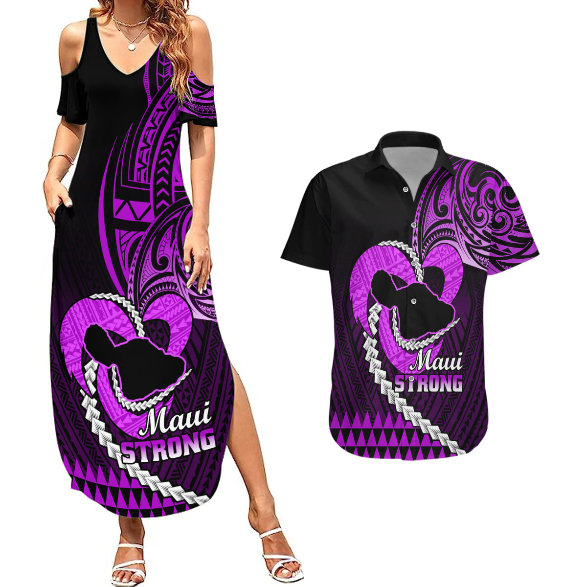 Personalised Hawaii Couples Matching Summer Maxi Dress and Hawaiian Shirt Maui Be Strong Kakau Purple Version - Wonder Print Shop