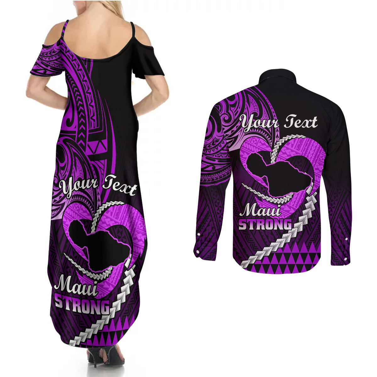 Personalised Hawaii Couples Matching Summer Maxi Dress and Long Sleeve Button Shirts Maui Be Strong Kakau Purple Version - Wonder Print Shop