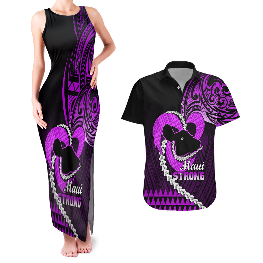 Personalised Hawaii Couples Matching Tank Maxi Dress and Hawaiian Shirt Maui Be Strong Kakau Purple Version - Wonder Print Shop