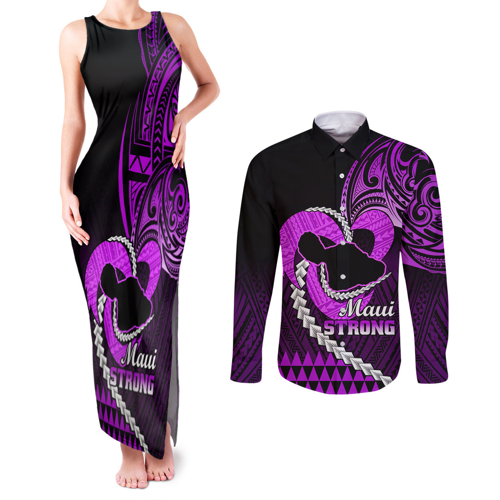 Personalised Hawaii Couples Matching Tank Maxi Dress and Long Sleeve Button Shirts Maui Be Strong Kakau Purple Version - Wonder Print Shop