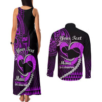 Personalised Hawaii Couples Matching Tank Maxi Dress and Long Sleeve Button Shirts Maui Be Strong Kakau Purple Version - Wonder Print Shop