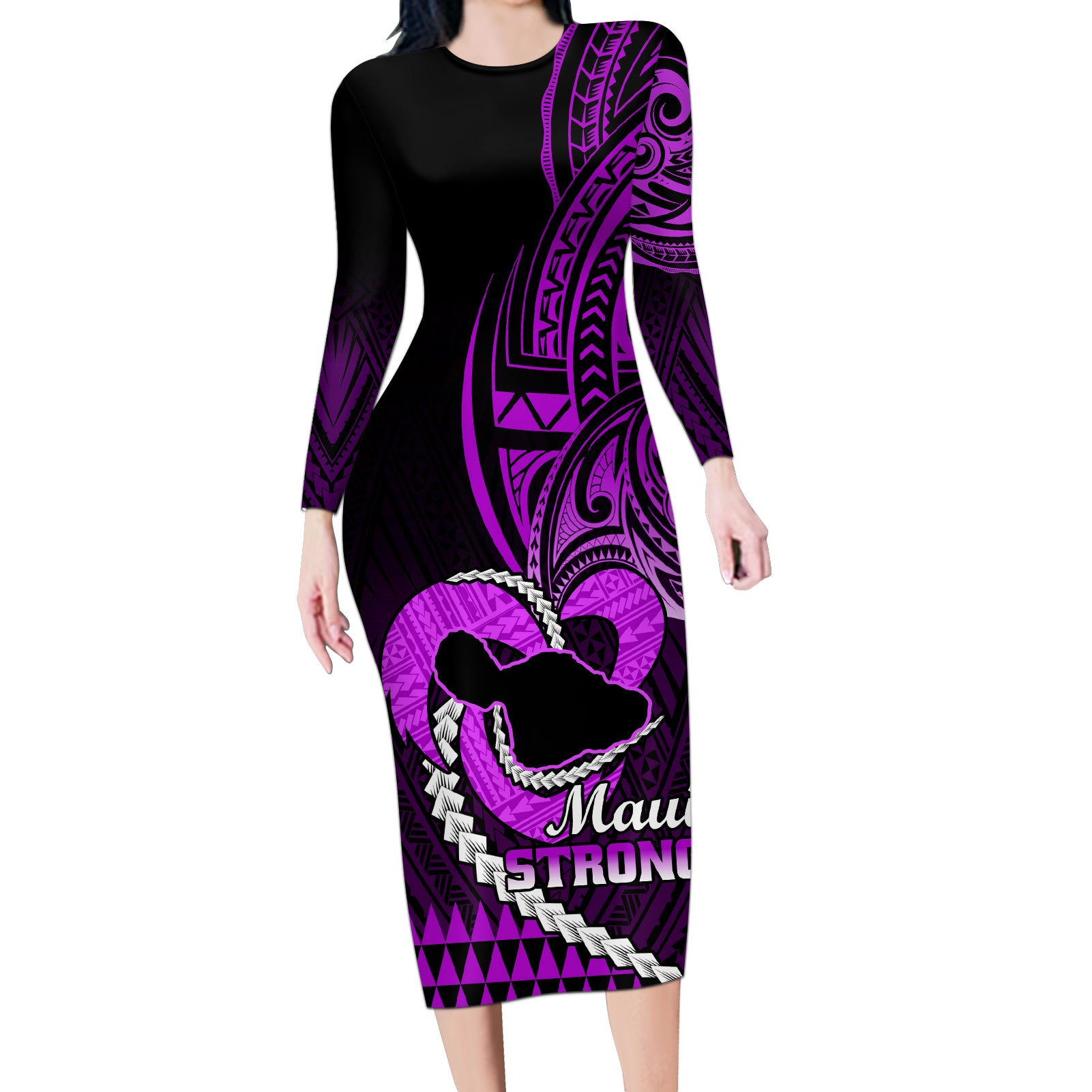 Personalised Hawaii Long Sleeve Bodycon Dress Maui Be Strong Kakau Purple Version - Wonder Print Shop