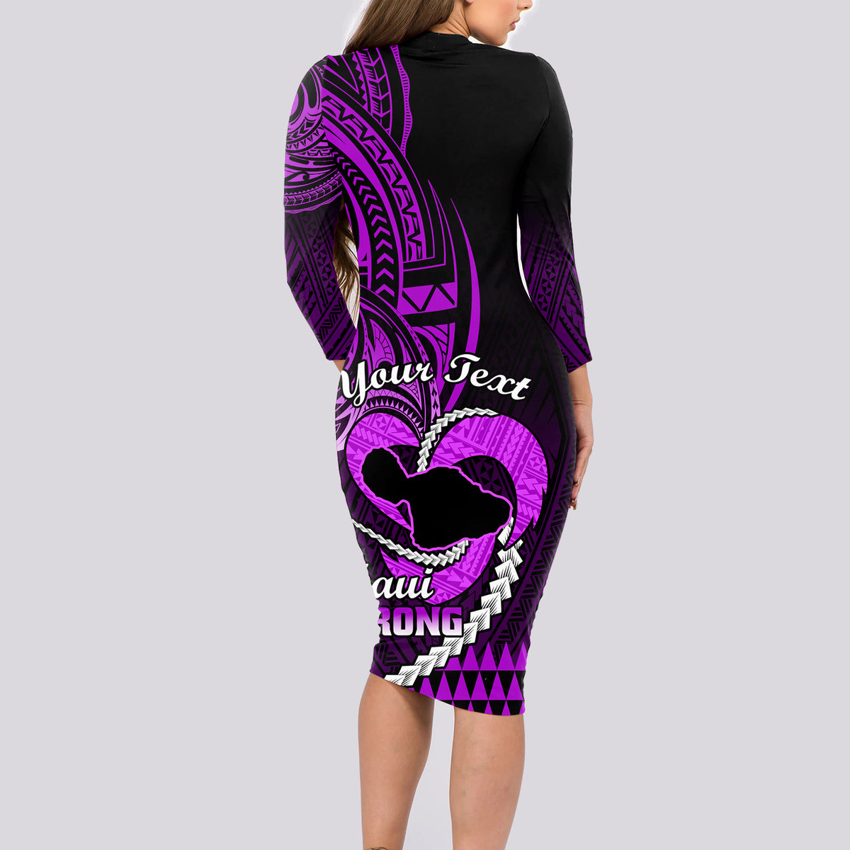 Personalised Hawaii Long Sleeve Bodycon Dress Maui Be Strong Kakau Purple Version - Wonder Print Shop