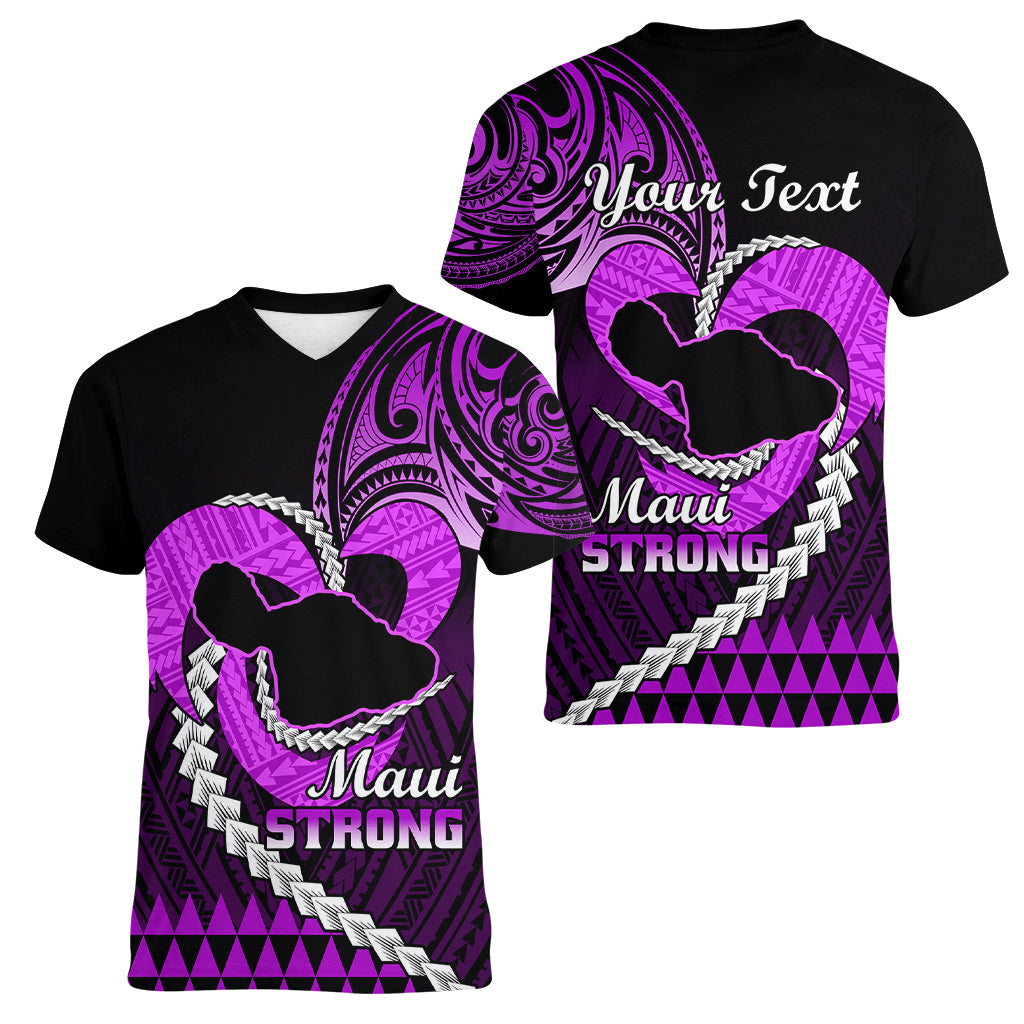 Personalised Hawaii Women V Neck T Shirt Maui Be Strong Kakau Purple Version - Wonder Print Shop