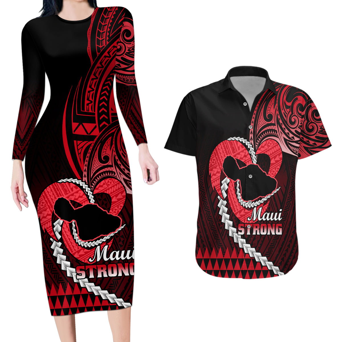 Personalised Hawaii Couples Matching Long Sleeve Bodycon Dress and Hawaiian Shirt Maui Be Strong Kakau Red Version - Wonder Print Shop