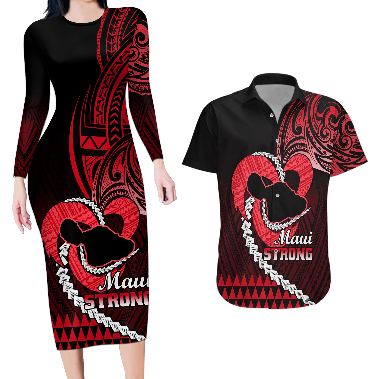 Personalised Hawaii Couples Matching Long Sleeve Bodycon Dress and Hawaiian Shirt Maui Be Strong Kakau Red Version - Wonder Print Shop