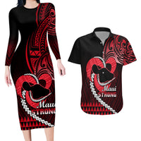 Personalised Hawaii Couples Matching Long Sleeve Bodycon Dress and Hawaiian Shirt Maui Be Strong Kakau Red Version - Wonder Print Shop