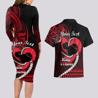 Personalised Hawaii Couples Matching Long Sleeve Bodycon Dress and Hawaiian Shirt Maui Be Strong Kakau Red Version - Wonder Print Shop