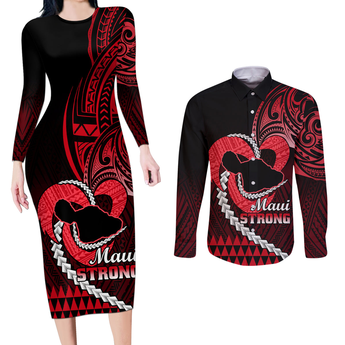 Personalised Hawaii Couples Matching Long Sleeve Bodycon Dress and Long Sleeve Button Shirts Maui Be Strong Kakau Red Version - Wonder Print Shop