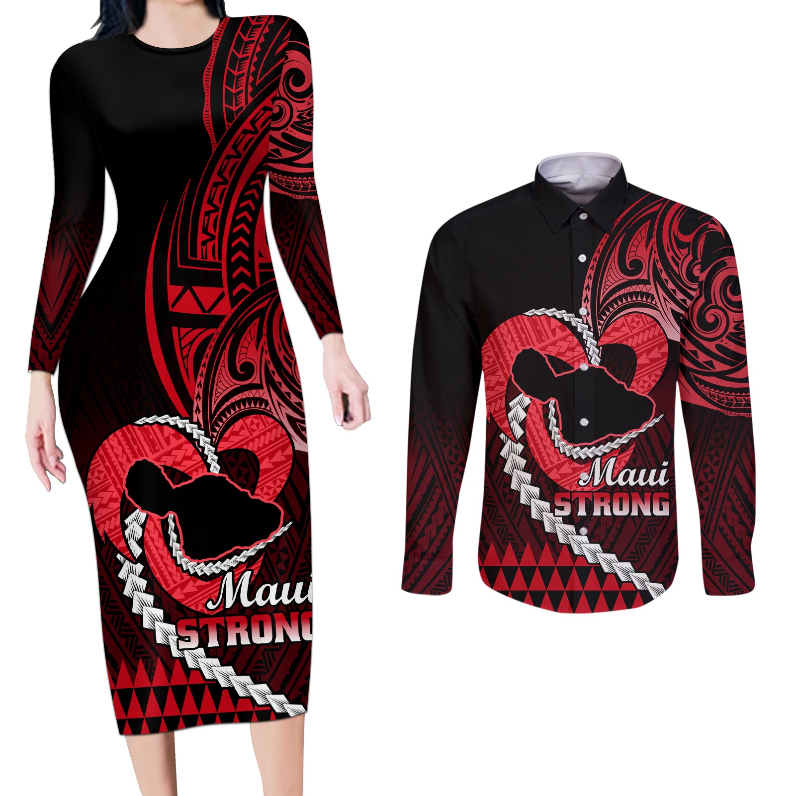 Personalised Hawaii Couples Matching Long Sleeve Bodycon Dress and Long Sleeve Button Shirts Maui Be Strong Kakau Red Version - Wonder Print Shop